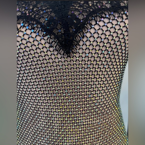 Nude Crystal Rhinestone Mesh Dress with Black Lace & Rhinestone Straps - NWT - Picture 7 of 10